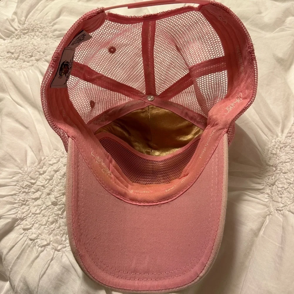 Vintage Ed Hardy Pink Tiger Trucker Baseball Hat Y2K 00s Embroidered Rhinestone